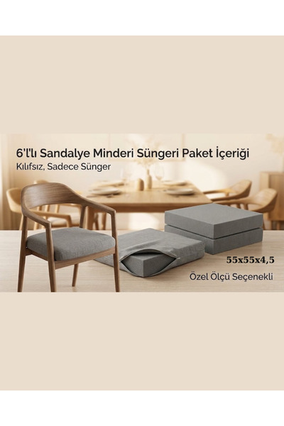 TURKISHRUG KINGDOM 6'lı Sandalye Minderi İçin Gri Sünger 55x55x4,5 Cm Kılıfsı...