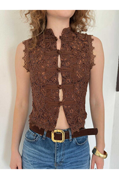 Clothes Fast Γυναικεία δαντελένια μπλούζα με γιακά κινέζικου τύπου, αμάνικη, ...