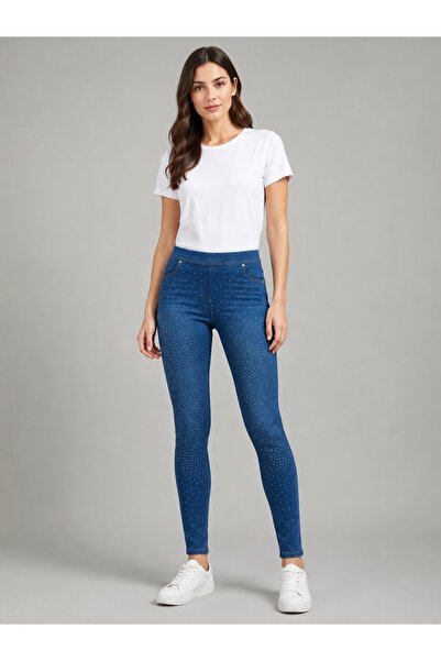 yunik Denim Taşlı Tayt Yüksek Bel Esnek Kumaş Toparlayıcı Jean Görünümlü Kadı...