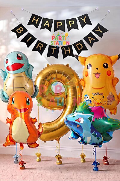 Parti Station Pokemon Konsept 9 Yaş Doğum Günü Balon Set Pokemon Pikaçu Balba...