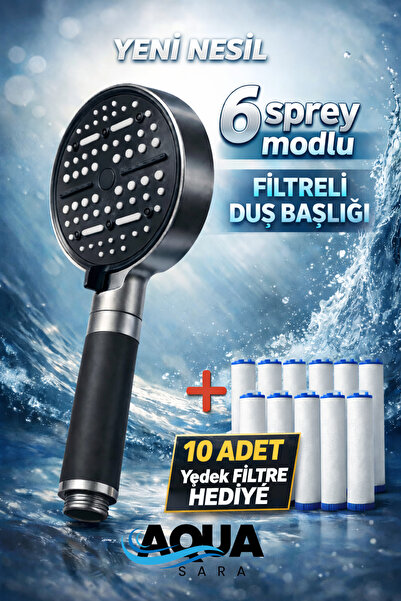 Aqua Sara 6 Fonksiyonlu Filtreli Duş Başlığı Antrasit Gri Renk (10 Adet Yedek...
