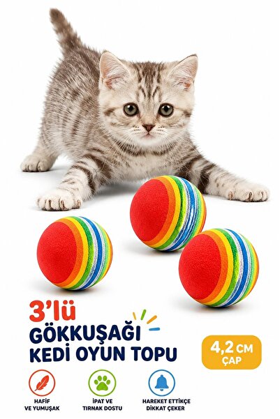 İndirimKap 3lü Gökkuşağı Sünger Kedi Köpek Çiğneme Oyun Topu 4,2 Cm Diş Çıkar...