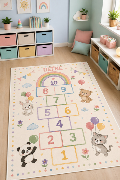PINKIE HOME Özel İsimli Dijital Kaymaz Yıkanabilir Pembe Seksekli Çocuk Halıs...