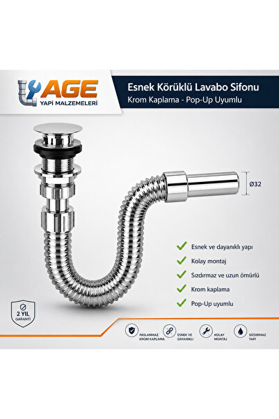 AGE YAPI Krom Basmalı Pop-Up Lavabo Sifonu, Su Tasarruflu, Modern Banyo ve Mu...