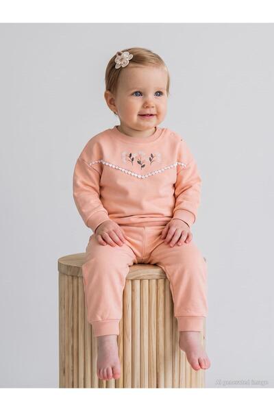 Civil Baby Çiçek Nakışlı 6-18 Ay Takım - Pudra 12-18 Ay