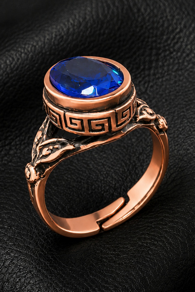 OSMANLI GÜMÜŞ Women's Copper Ring with Sapphire Zircon Natural Stone Oval Mod...