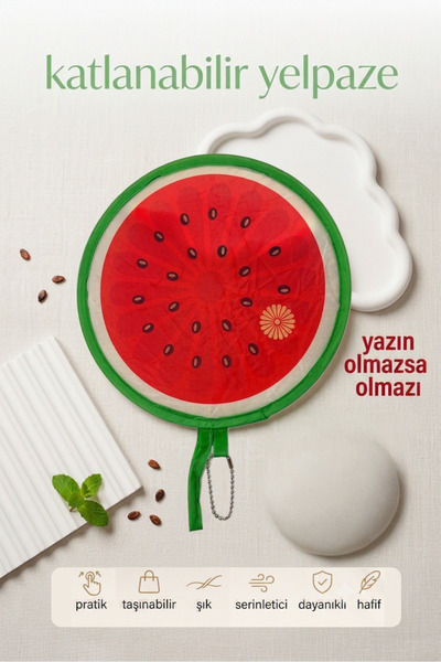 Toka Sepetim Karpuz Desenli Çantaya Asılabilir Katlanabilir Yelpaze