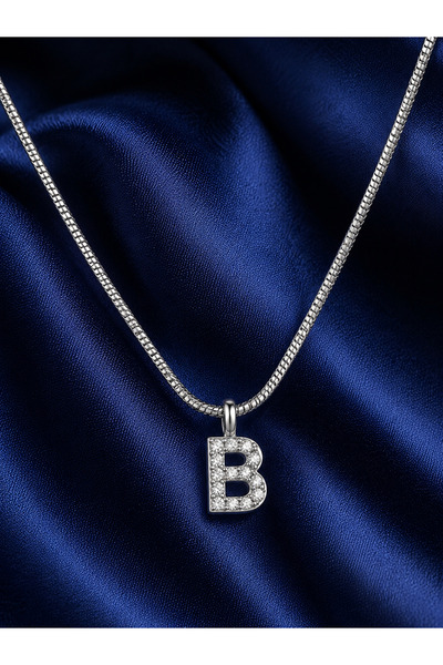 CAXBERN Unisex Minimal Çelik Zirkon Taşlı Gümüş B Harf Kolye