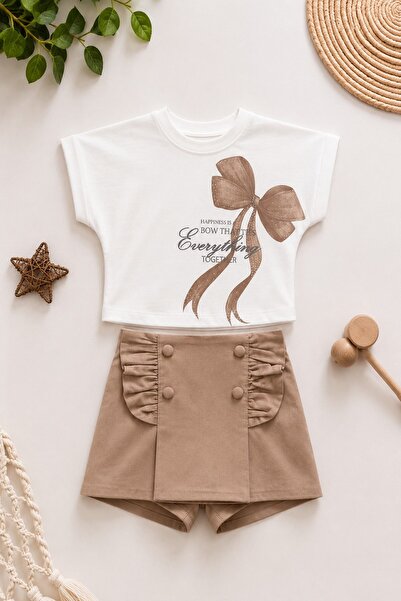 dinamik çocuk Girl's Bow Printed T-Shirt Shorts Skirt (Skort) 2-Piece Set Sum...