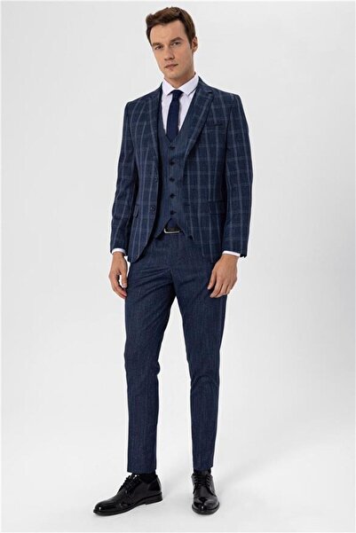 SÜVARİ Süvari Lacivert Desenli Kombinli Yelekli Slim Fit Takım Elbise