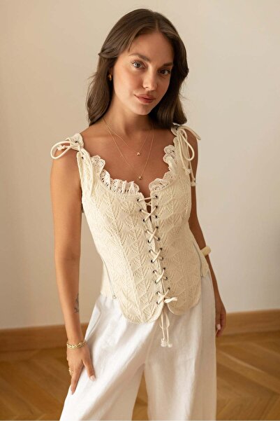 BRTC design Bluză corset cu șireturi, crem, pentru femei
