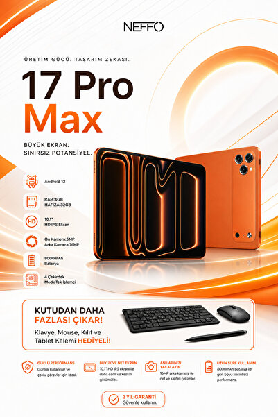 NEFFO 17 PRO MAX Tablet | 10.1” FHD Ekran + Klavye + Mouse + Kalem