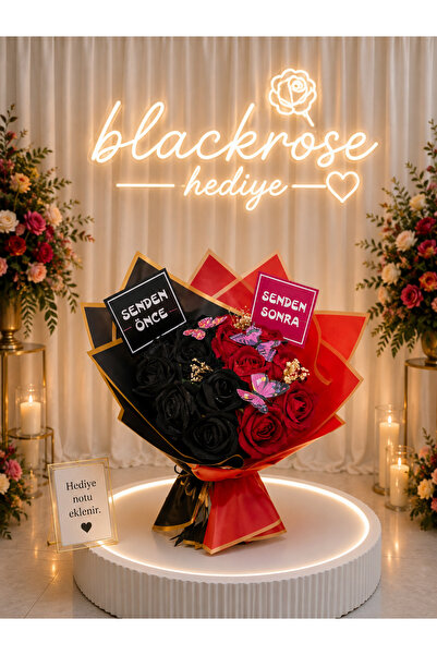 blackrosehediye Uzun Saplı Siyah ve Kırmızı Yapay Gül Buketi | Kelebek Detayl...