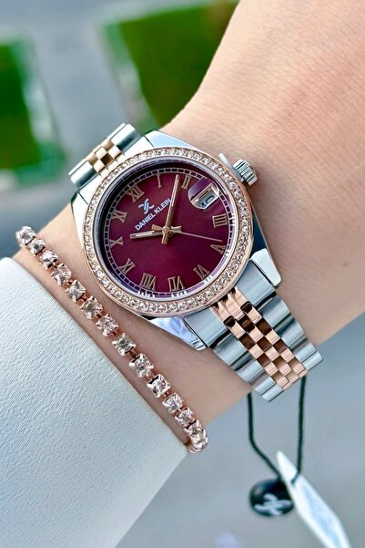 Daniel Klein Dial Claret Red Cord Rose Silver Color 32.5 mm Women's Wristwatc...