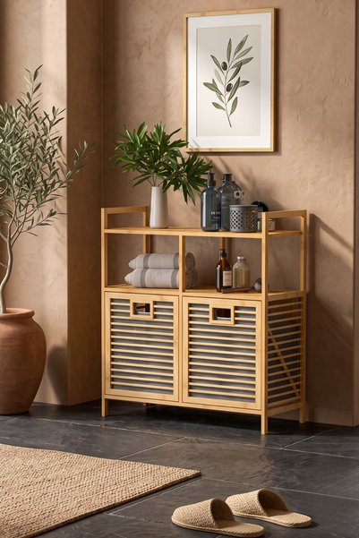 Begin Power Bambu 2 Bölmeli Kirli Çamaşır Sepeti 2 Raflı Banyo Düzenleyici Dolap Banyo Dolabı