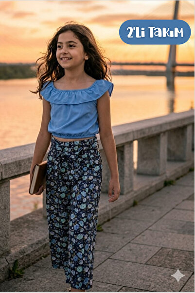 Hilal Akıncı Kids Djevojačka šarena bluza Cvetni dezen pantalona set od 2 dela