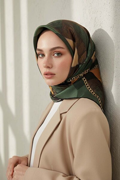 Vissona %100 Twill İpek Taş Efekti Desenli Zümrüt - Siyah Renkli 90x90 Eşarp ...
