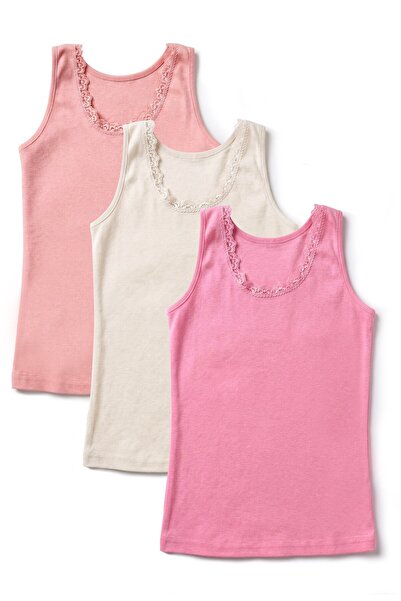 Öts Girl's 3-Piece 100% Cotton Undershirt with Ribbed Thick Straps and Lace D...
