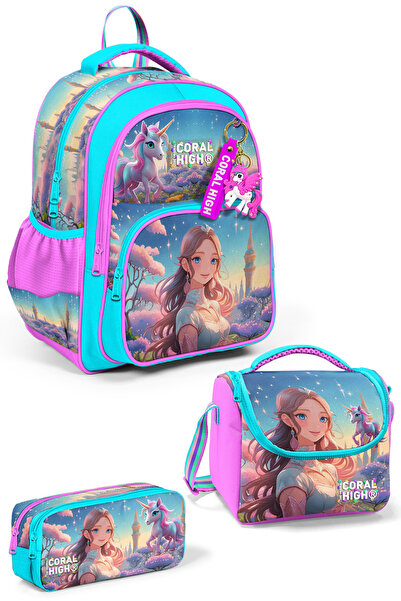 Coral High Kids Turkuaz Pembe Anime Kız Desenli 3 lü Okul Çanta Seti SET0114420
