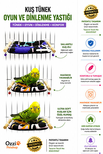 ozzipetshop Muhabet Kuşu Oyuncak Yatak Harika Renkli Desen+ Süpriz Hediye