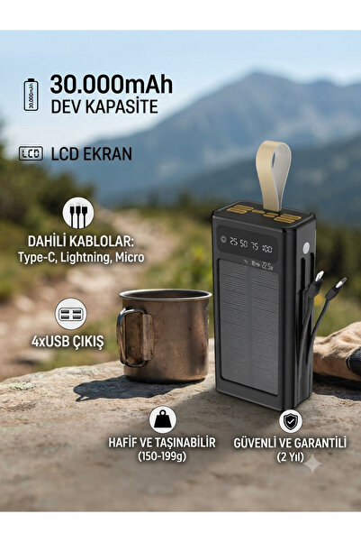 HİBOTEKNO 30000 mAh Solar Güneş Enerjili LCD Ekranlı 7 Çıkışlı Dahili Kablolu...