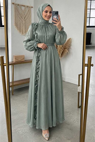 N.S NEVA STYLE Ruffle Detailed Green Hijab Evening Dress 45881Cy