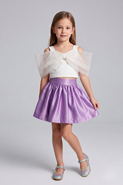 Le Mabelle Girl's Two-Piece Set with Lilac Bow Crop Top and Satin Skirt - Nadine