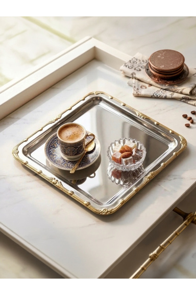 SEVA ÇELİK Stainless Steel Square 1 Piece Gold Patterned Tea and Coffee Tray ...