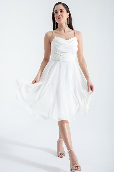 Lafaba Weißes Midi-Abendkleid für Damen mit Steinriemen