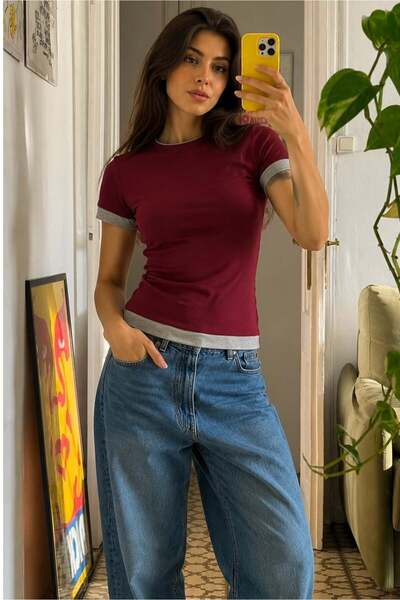 Madmext Burgundy Crew Neck Two-Tone Basic T-Shirt Mg2682