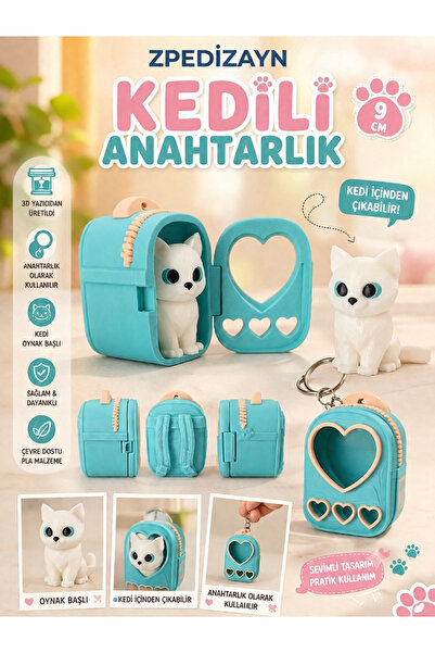3D Baskı Kedili Çanta Anahtarlık - Charm | İçinden Çıkan Oynar Başlı Kedi Figürü | 9 cm Mini Sırt Çantası