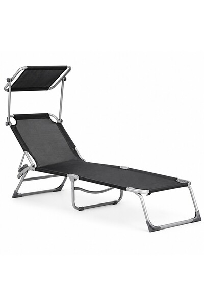 SERSIMO Șezlong pliabil cu parasolar reglabil, spătar reglabil, 150 kg, negru
