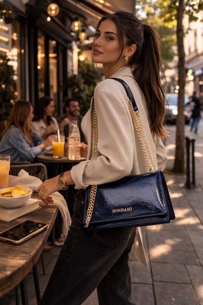 dukidasoturkiye Blue Patent Leather Chain Detail Women's Shoulder Bag |   Blue Mt1451