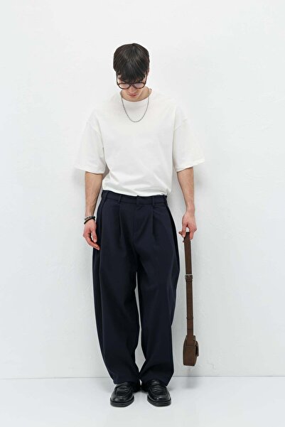 VAMOSCLO Barrel Fit Tailored Trousers Navy Blue