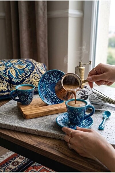 Handmade Turquoise Tile Patterned Turkish Coffee Cup Set