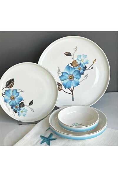 Sembol Blue Rose Mavi Gül Desen Bone Chine Porselen 6 Kişilik 24 Parça Yemek ...