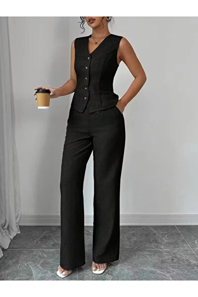 Generic Brand Women's Strappy Front-Button Blouse and Trousers Linen Two-Piec...
