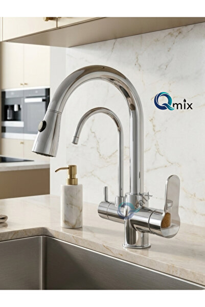 QMİX SPİRALLİ ARITMALI LÜX MUTFAK EVİYE BATARYASI KROM RENK PİRİNÇ GÖVDE