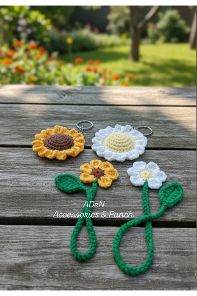 ADeN Accessories & Punch El Yapımı Örgü Çiçek Seti | 2’li Anahtarlık + 2’li K...