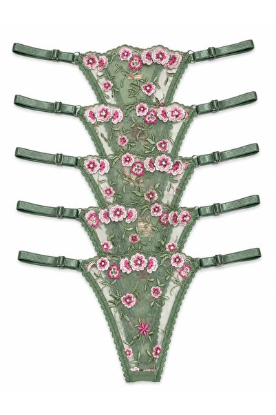 mendoza store Chiloți tanga ajustabili de culoare verde și cu imprimeu floral...