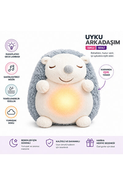 ela777 Peluş Kirpi Uyku Arkadaşı Işıklı Müzikli Gece Lambası Bebek Uyku Oyunc...