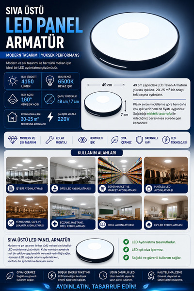 LEDAY Sıva Üstü Led Panel 45W Dekoratif Armatür Siyah (Beyaz Işık 6500K)