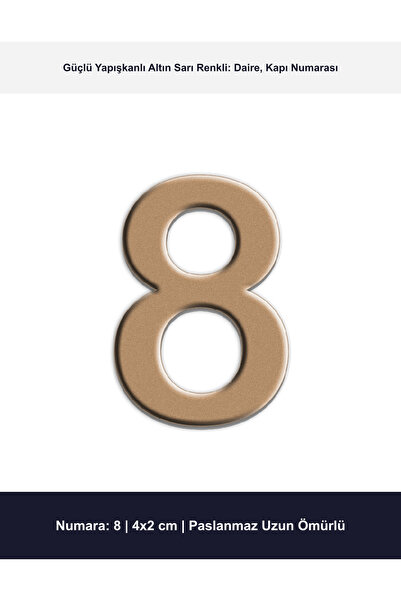 Demiraslan Ticaret 4x2 cm Altın Sarı Renk Metal Kapı Numarası No 8 - Yapışkan...