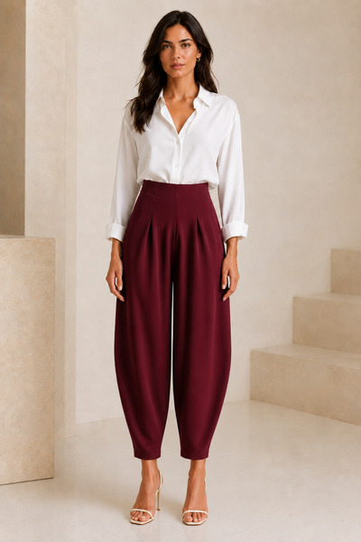 FEVİLLE Pantaloni Shalwar tip balon din țesătură crep elastică, culoare burgu...