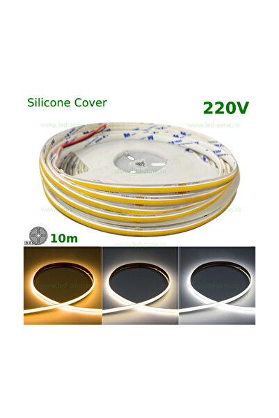 LEDZONE Bandă LED COB 480 LED-uri/m, silicon, interior, rolă 220V, 10m, lumin...