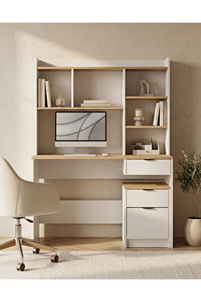 SARMOBİ Harmony Raflı, Çekmeceli Kesonlu Çalışma Masası 120x163x50 cm Beyaz/M...