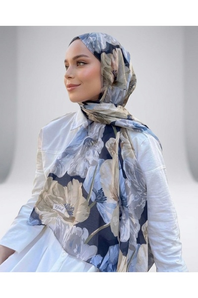 YILDIZ SCARFS Müjgan Desen Indian Cotton Shawl - Navy Blue-Cream