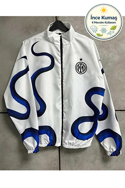 Lushen Beyaz Yılan Desenli Unisex Dijital Baskı Paraşüt Kumaş Oversize Baskılı Siyah Rüzgarlık Yağmurluk