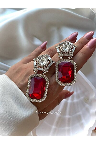 Luxiva Red Stone Premium Quality Stone Detailed Dangling Women's Steel Earrings