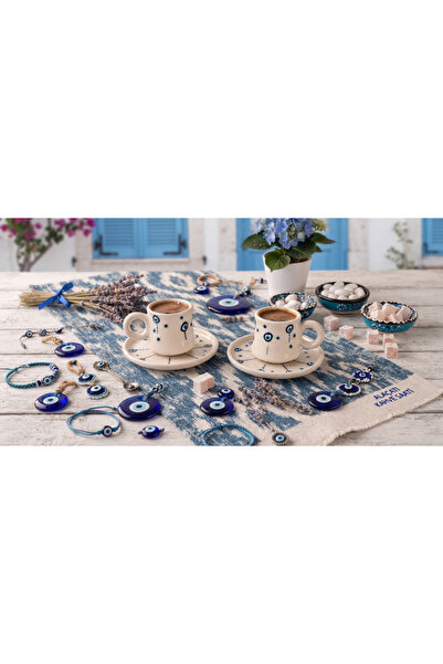 Handmade Ceramic Evil Eye Bead Pattern White 2-Piece Coffee Cup Set - Hand Embroidered